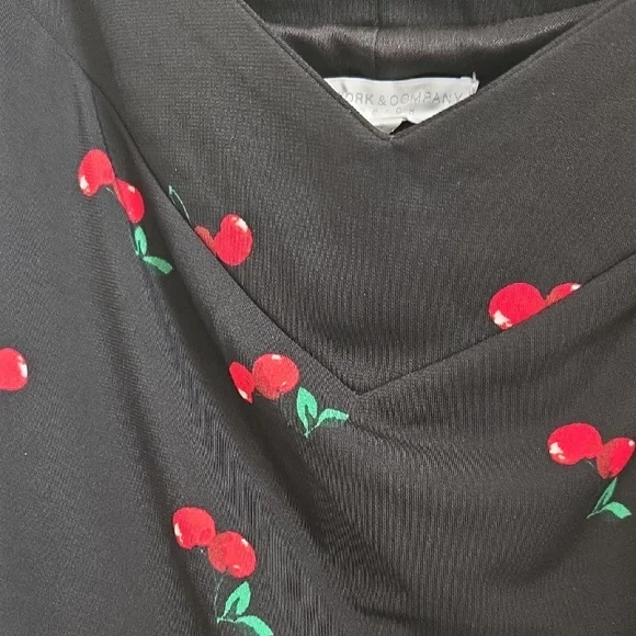 New York & Company Off the Sholder Black Dress with Cherry Print. Beautiful - Picture 6 of 8